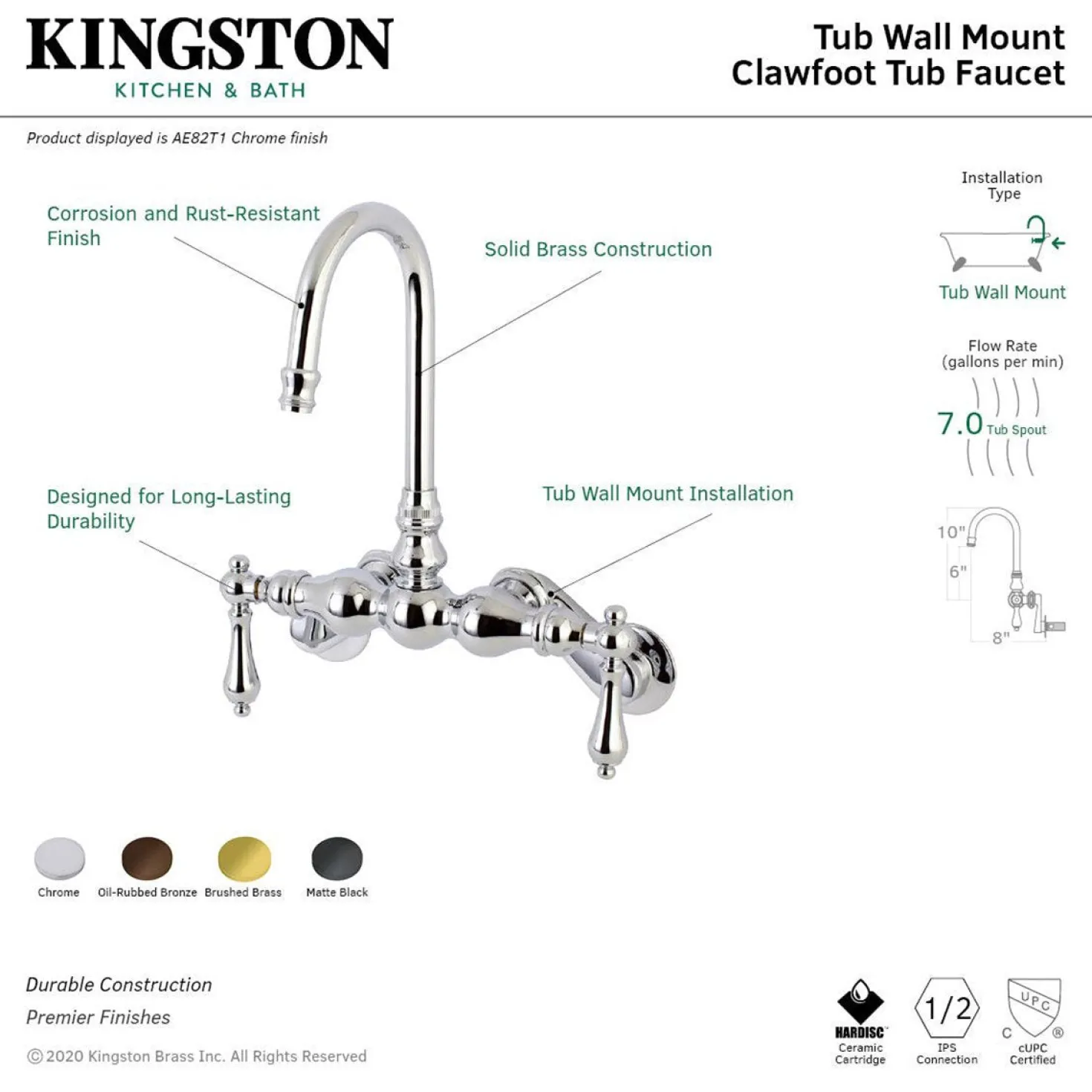 Aqua Vintage AE81TX-P Adjustable Center Wall Mount Tub Faucet