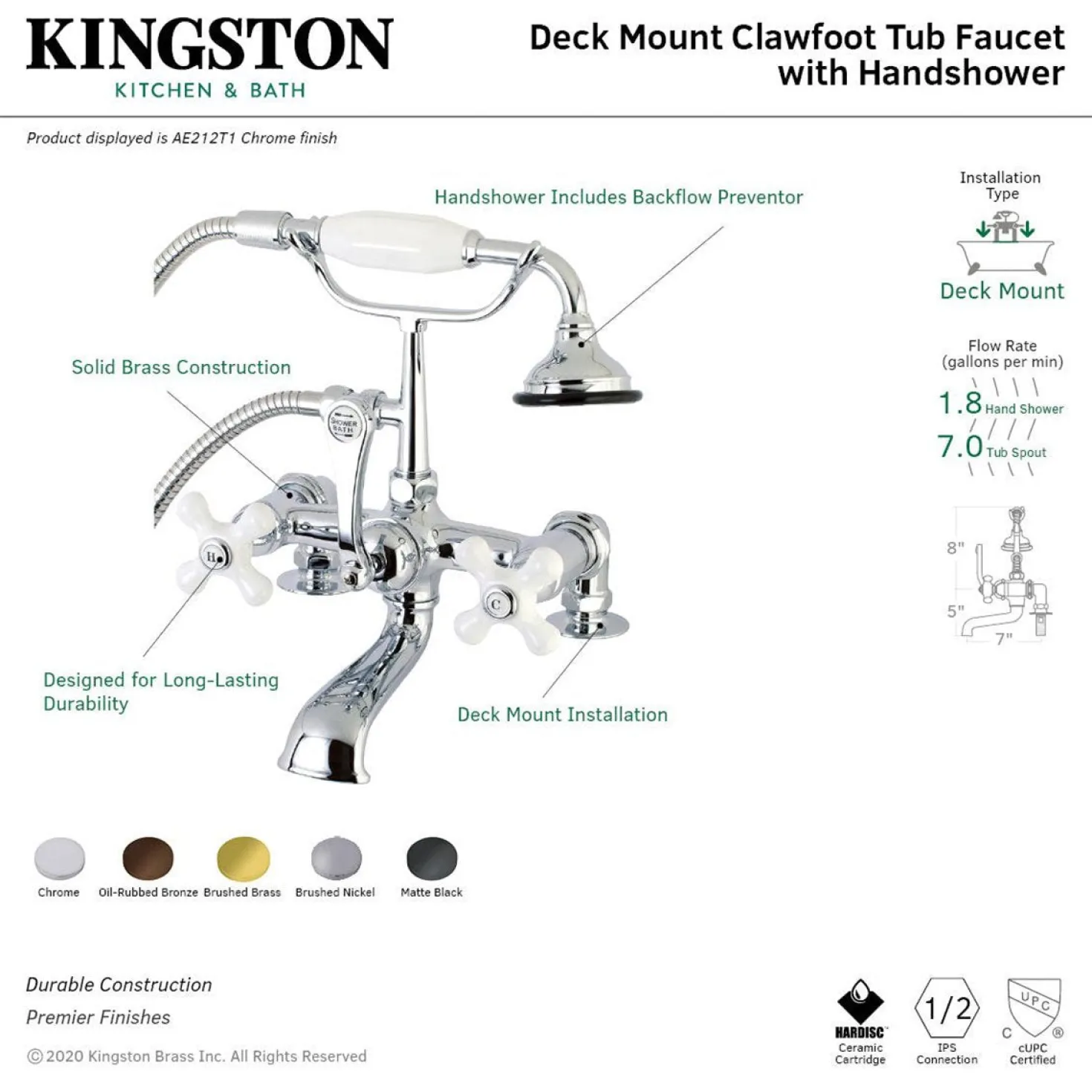 Aqua Vintage AE211TX-P 7-Inch Tub Faucet with Hand Shower