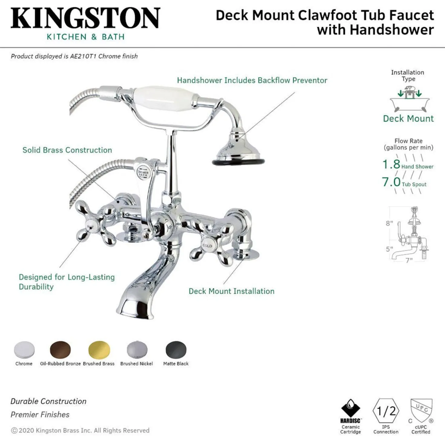 Aqua Vintage AE209TX-P7-Inch Tub Faucet with Hand Shower