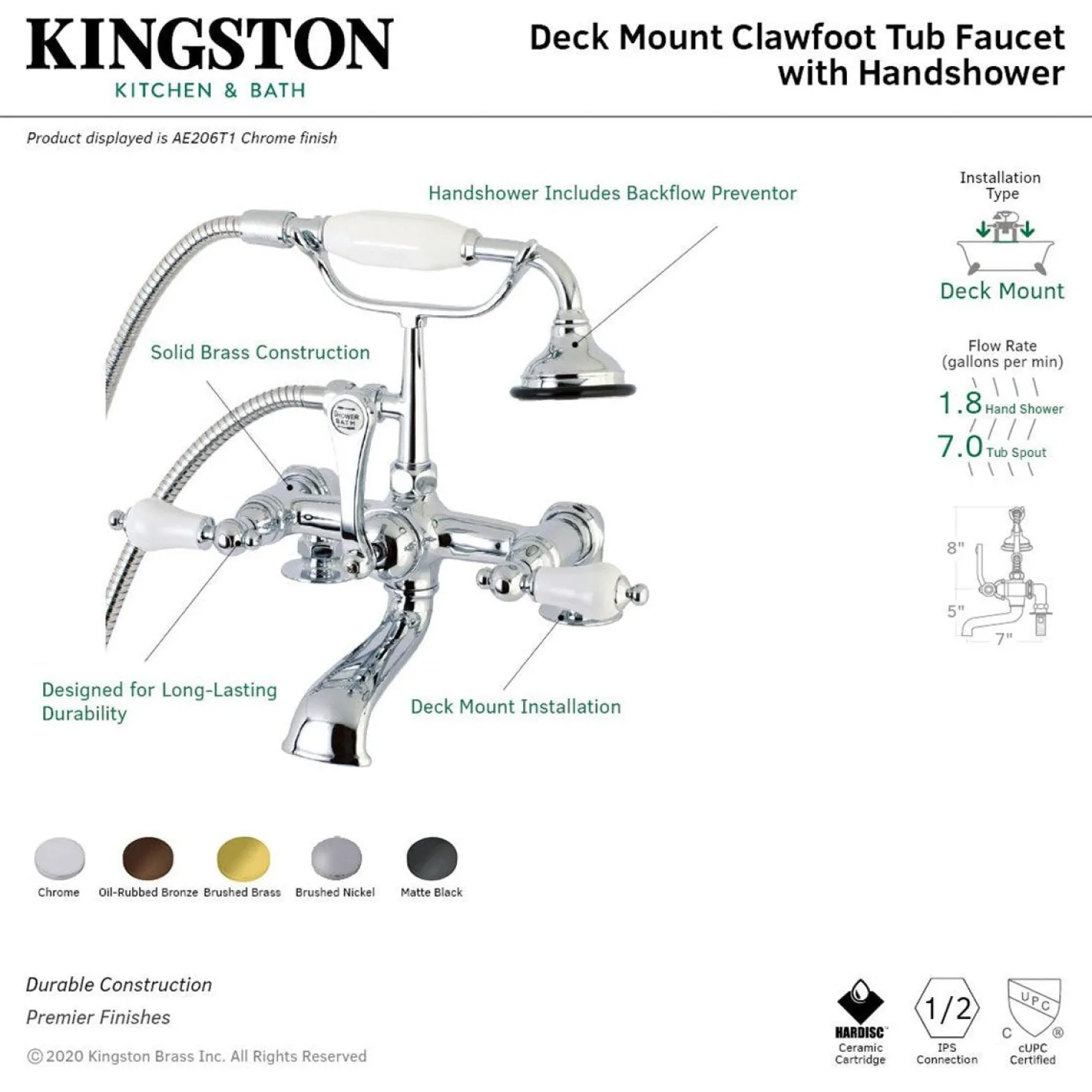 Aqua Vintage AE205TX-P 7-Inch Tub Faucet with Hand Shower
