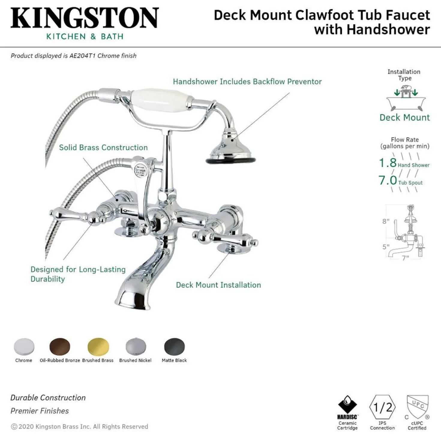 Aqua Vintage AE203TX-P 7-Inch Tub Faucet with Hand Shower
