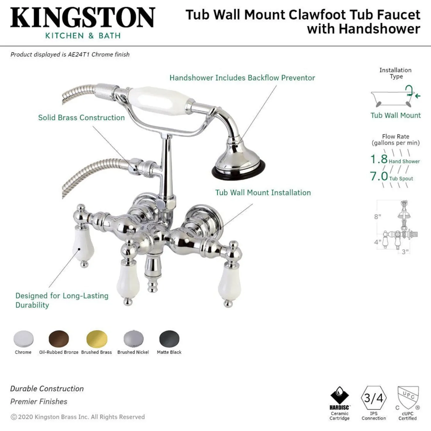 Aqua Vintage AE23TX-P 3-3/8-Inch Wall Mount Tub Faucet with Hand Shower