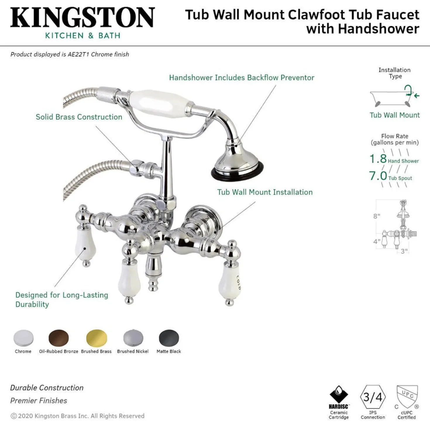 Aqua Vintage AE21TX-P 3-3/8-Inch Wall Mount Tub Faucet with Hand Shower