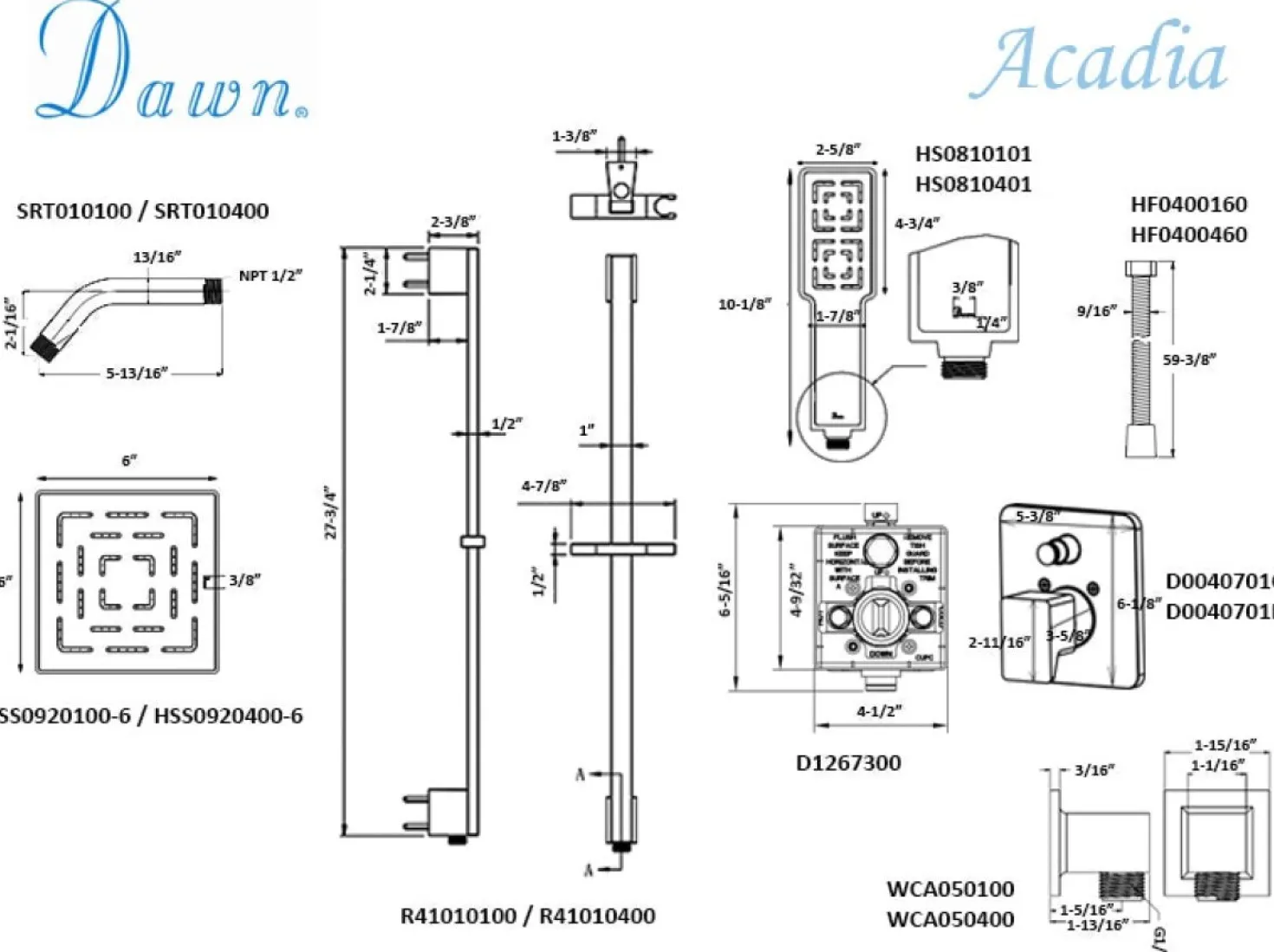 Dawn Acadia Square Series Shower Combo Set Wall Mounted Rainhead with Slide Bar Handheld Shower