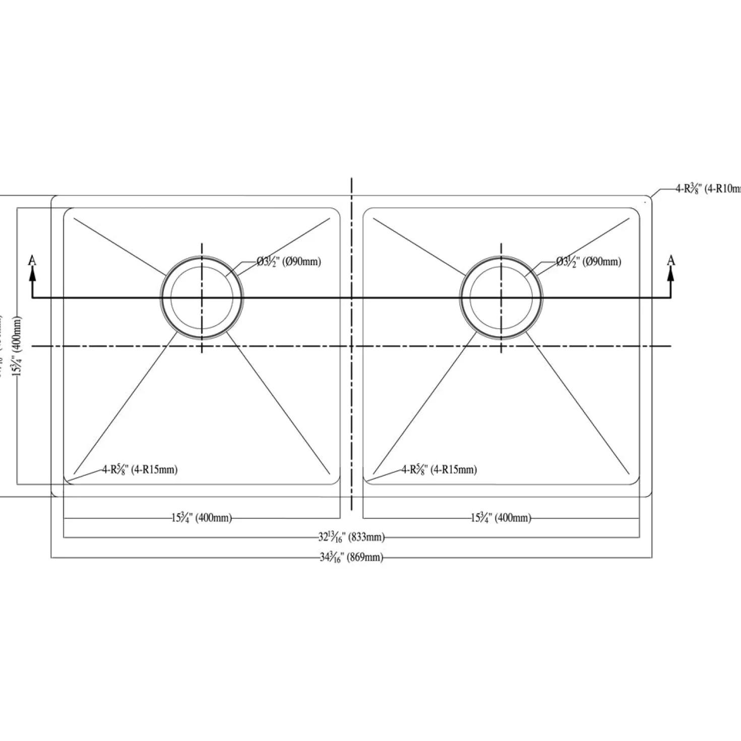 Dawn 35" Equal Double Bowl Undermount Kitchen Sink, with Small Radius Corners