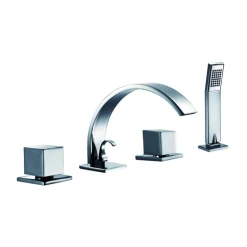 Dawn 4-Hole Tub Filler with Personal Handshower, Square Handles and Sheetflow Spout