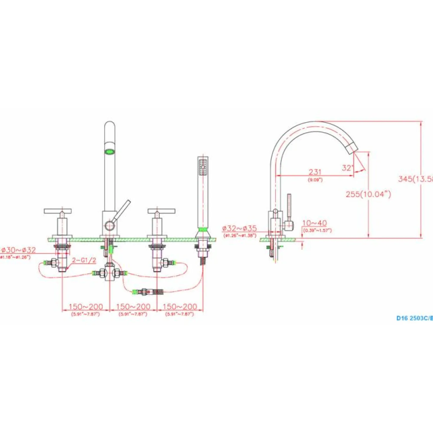 Dawn 4-Hole Tub Filler with Personal Handshower and Lever Handles in Chrome
