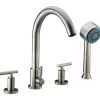Dawn 4-Hole Tub Filler with Personal Handshower and Lever Handles in Brushed Nickel