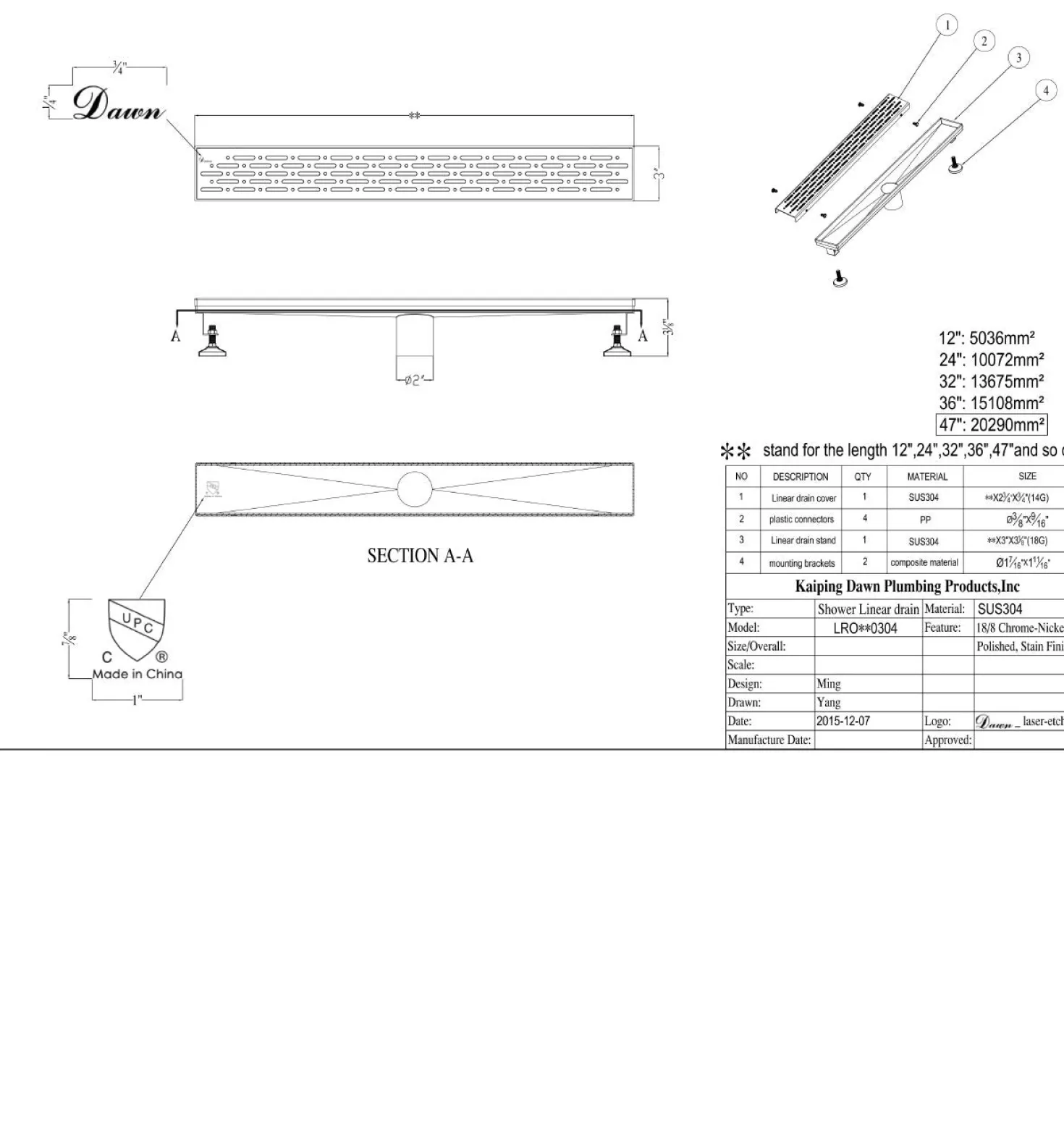 Dawn Rio Orinoco River Series Linear Shower Drain 47 Inch