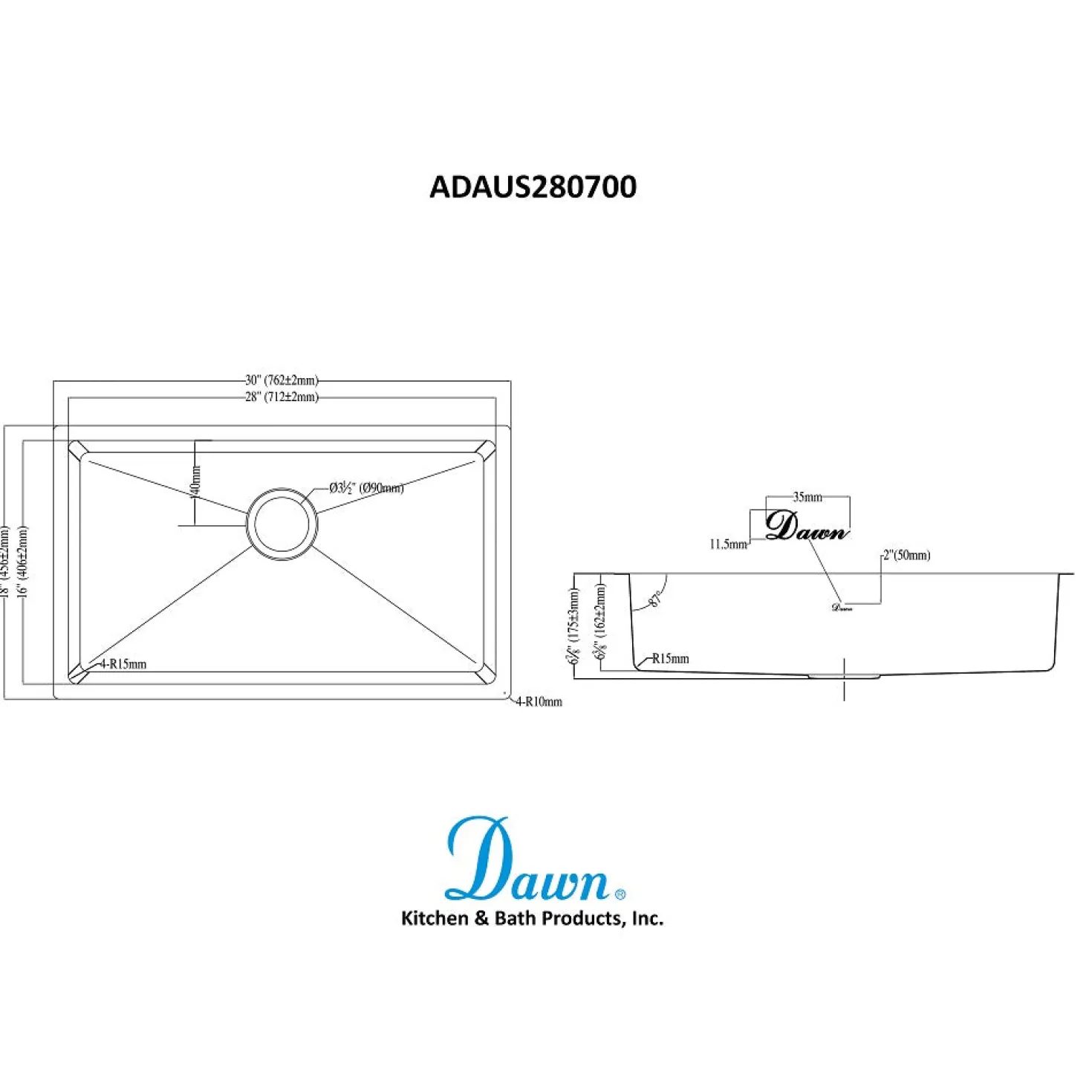 Dawn 30" Shallow Undermount Small Radius Kitchen Sink