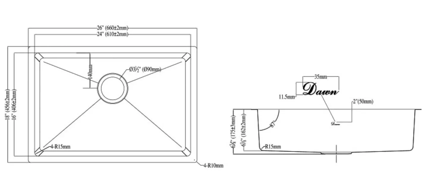 Dawn 26" Shallow Undermount Small Radius Kitchen Sink