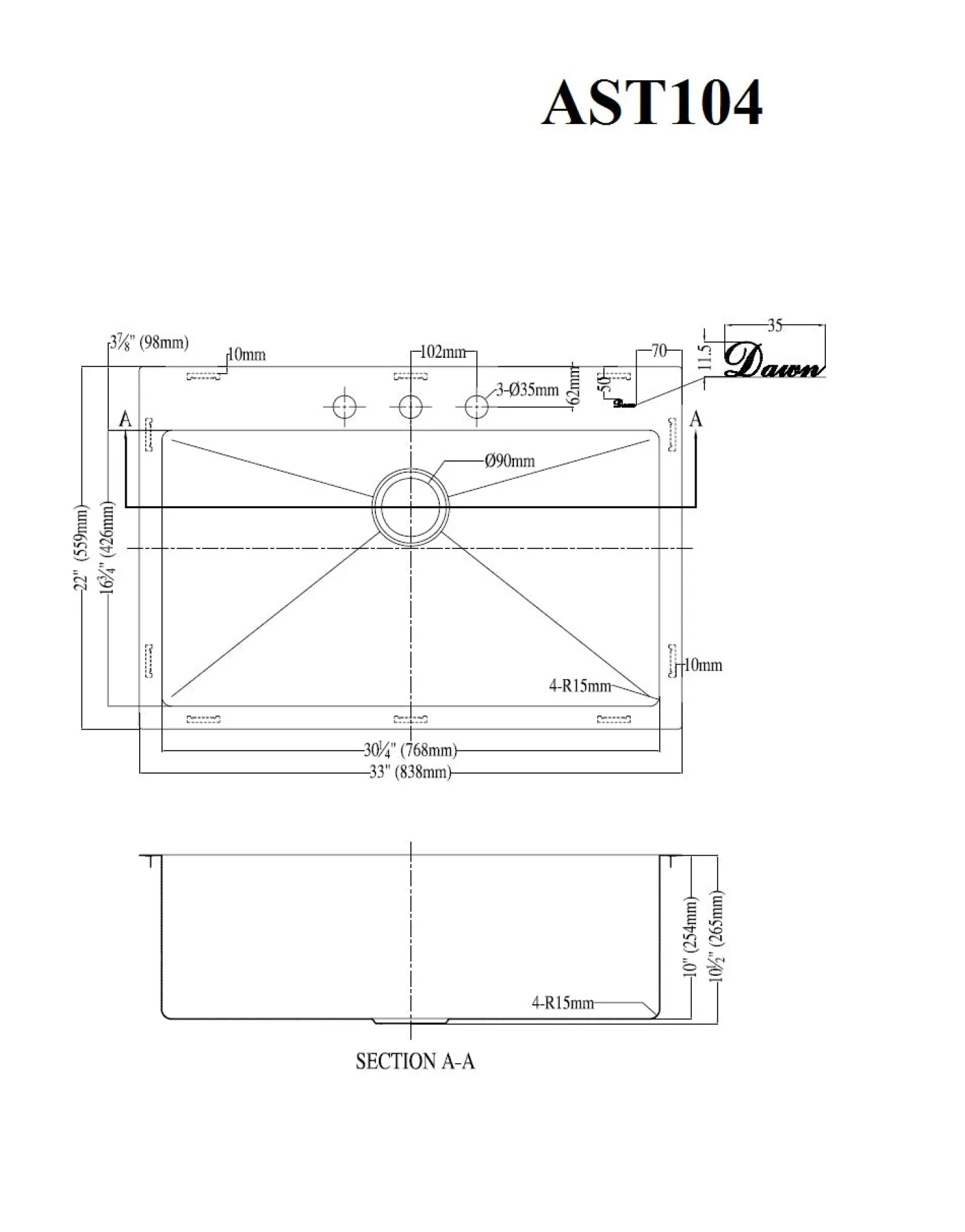 Dawn Top Mount Single Bowl Sink with Three Pre-cut Faucet Holes