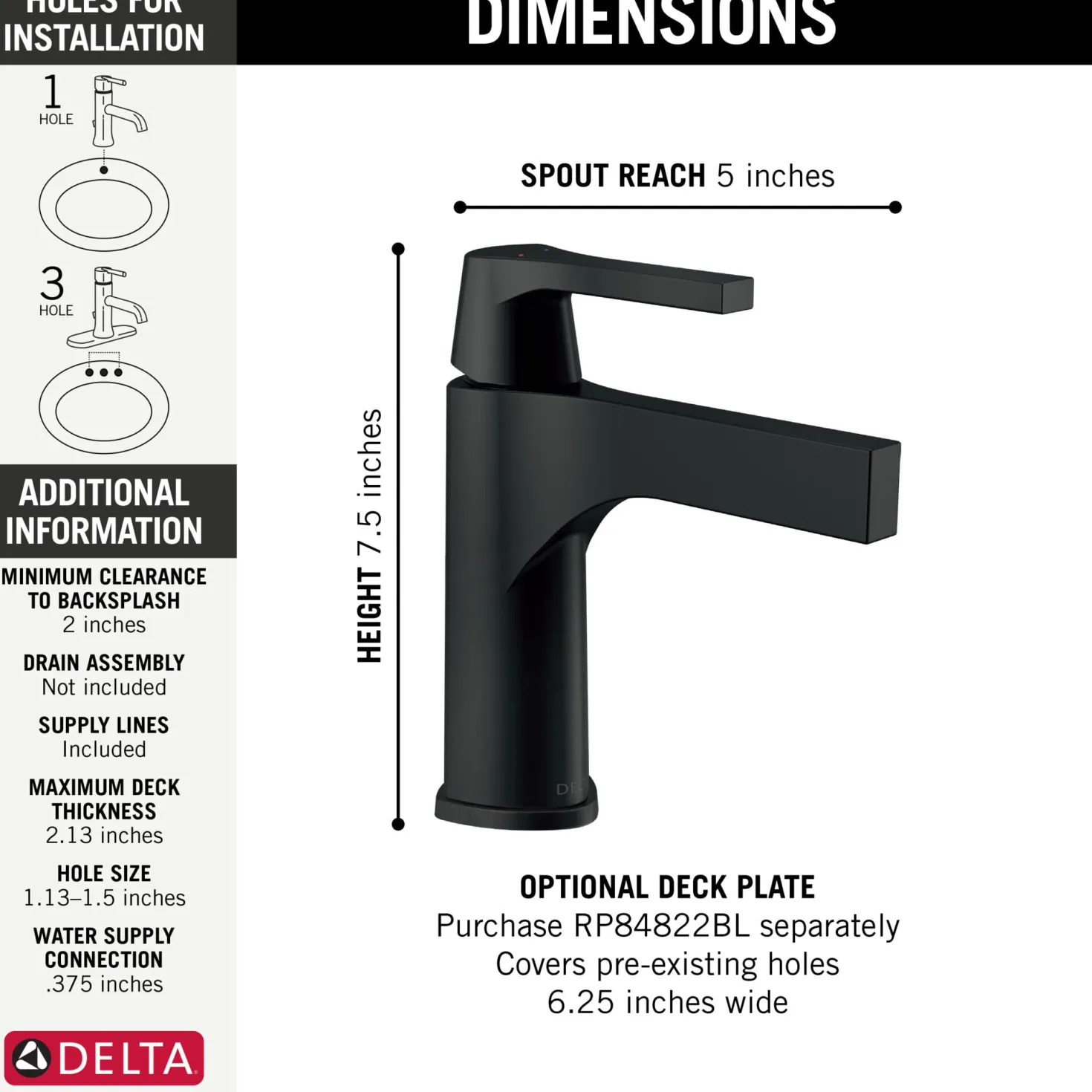 Delta Zura Single Handle Bathroom Faucet with Drain in Matte Black