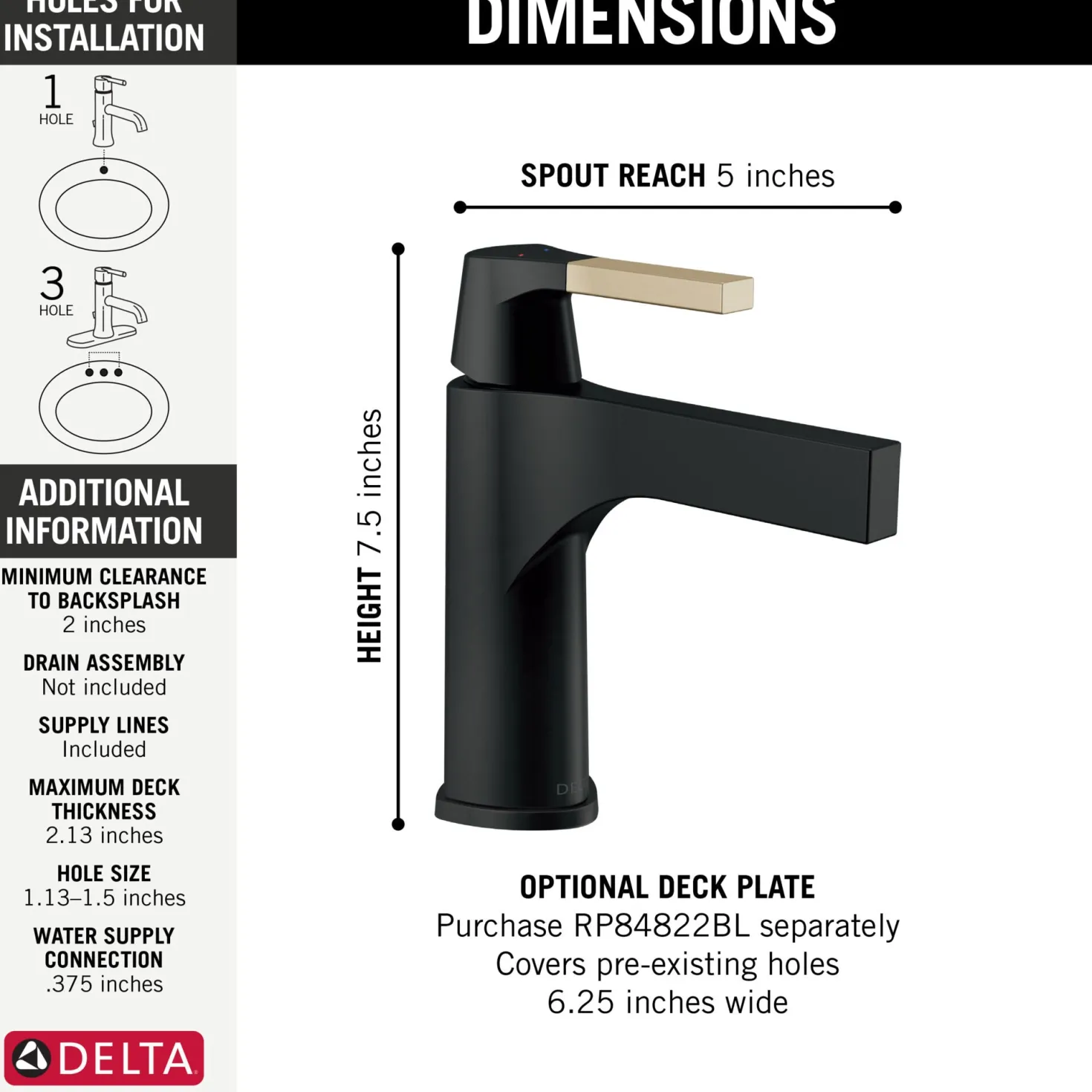Delta Zura Single Handle Bathroom Faucet with Drain in Black and Champagne Bronze