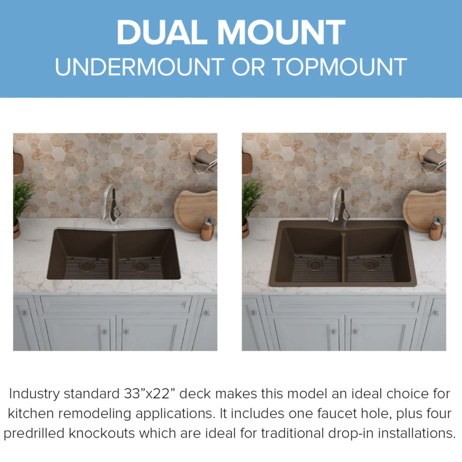33" Double Bowl 50/50 Dual Mount Quartz Composite Sink