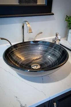 Eden Bath Silver and Black Rings Glass Vessel Sink