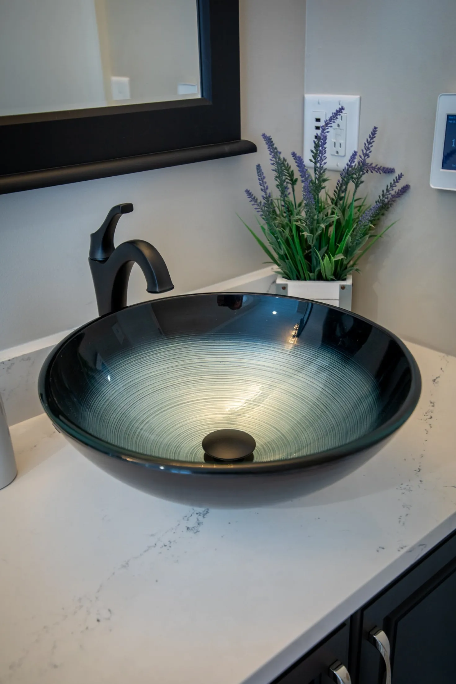 Eden Bath Silver and Blue Rings Glass Vessel Sink