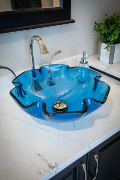 Eden Bath Wave Rim Blue Glass Vessel Sink