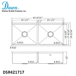Extra Large 44" Workstation Equal Double Bowl Kitchen Sink with Small Radius Corners