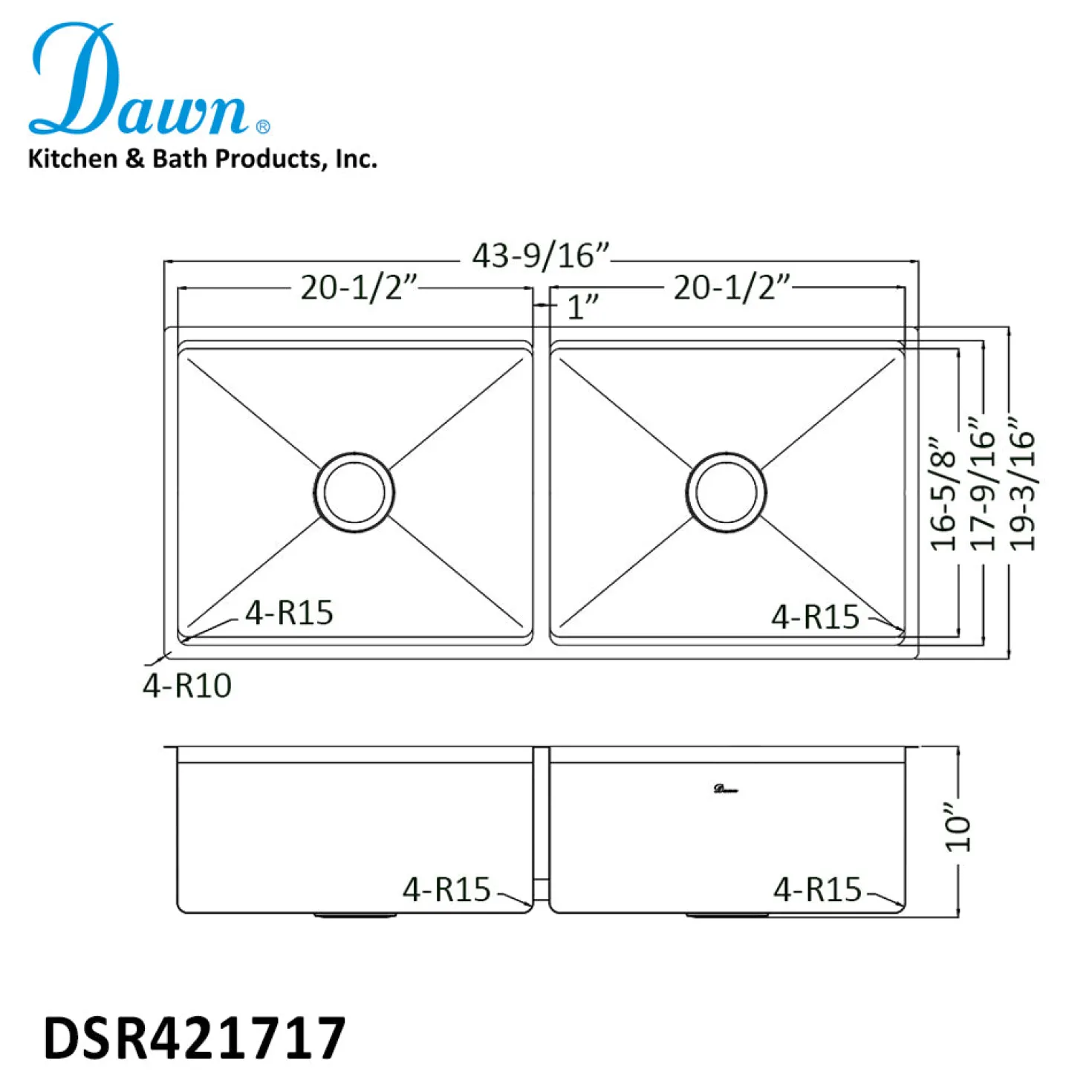 Extra Large 44" Workstation Equal Double Bowl Kitchen Sink with Small Radius Corners