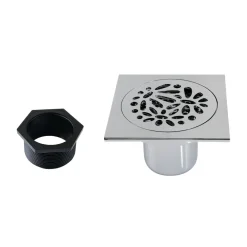 Floral 4" Brass Square Grid Shower Drain with Flange and Hair Trap