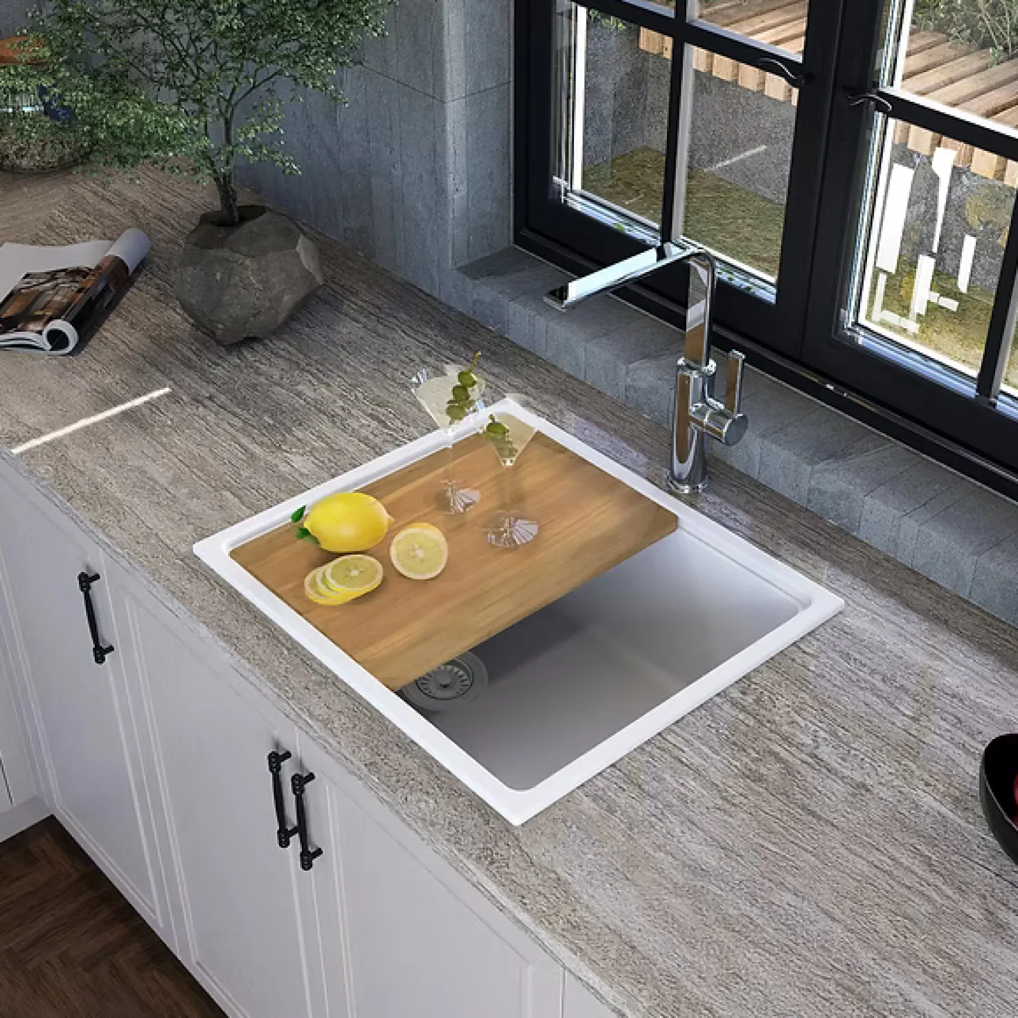 22" Granite Composite Dualmount Workstation Sink in White