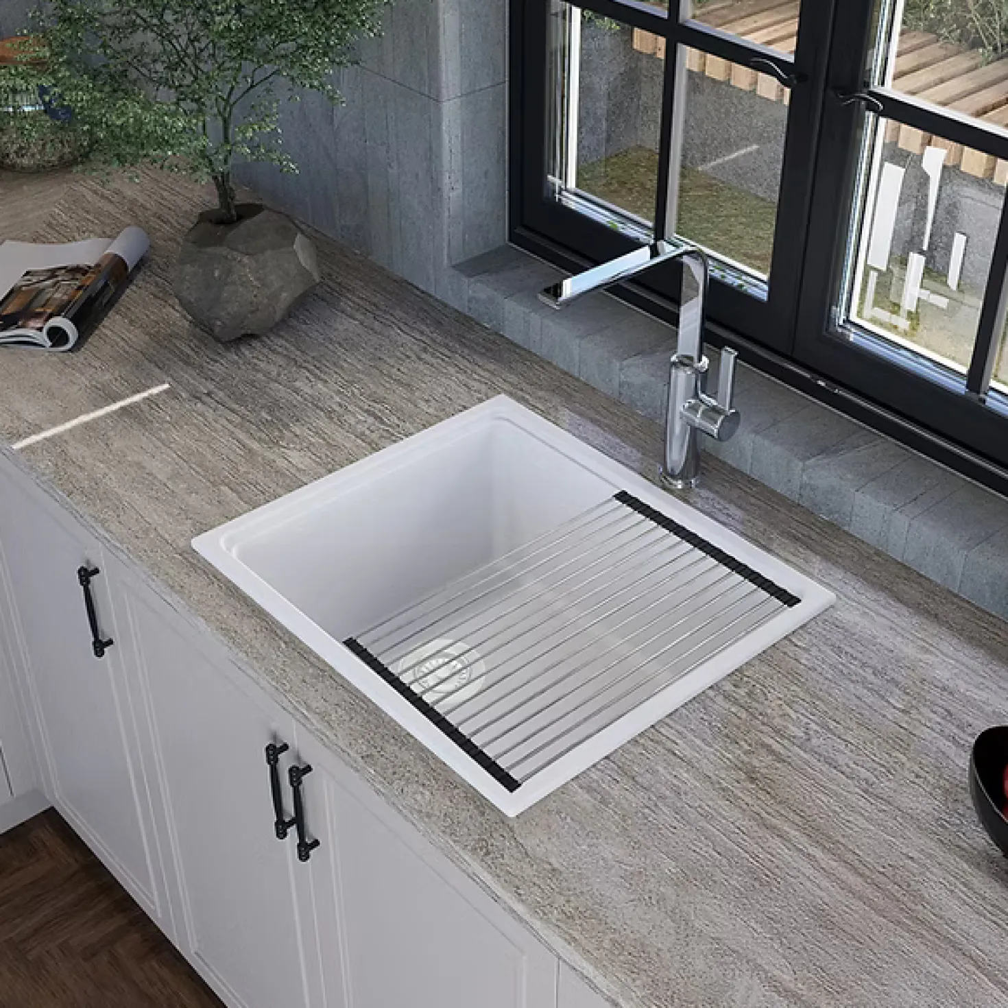 22" Granite Composite Dualmount Workstation Sink in White