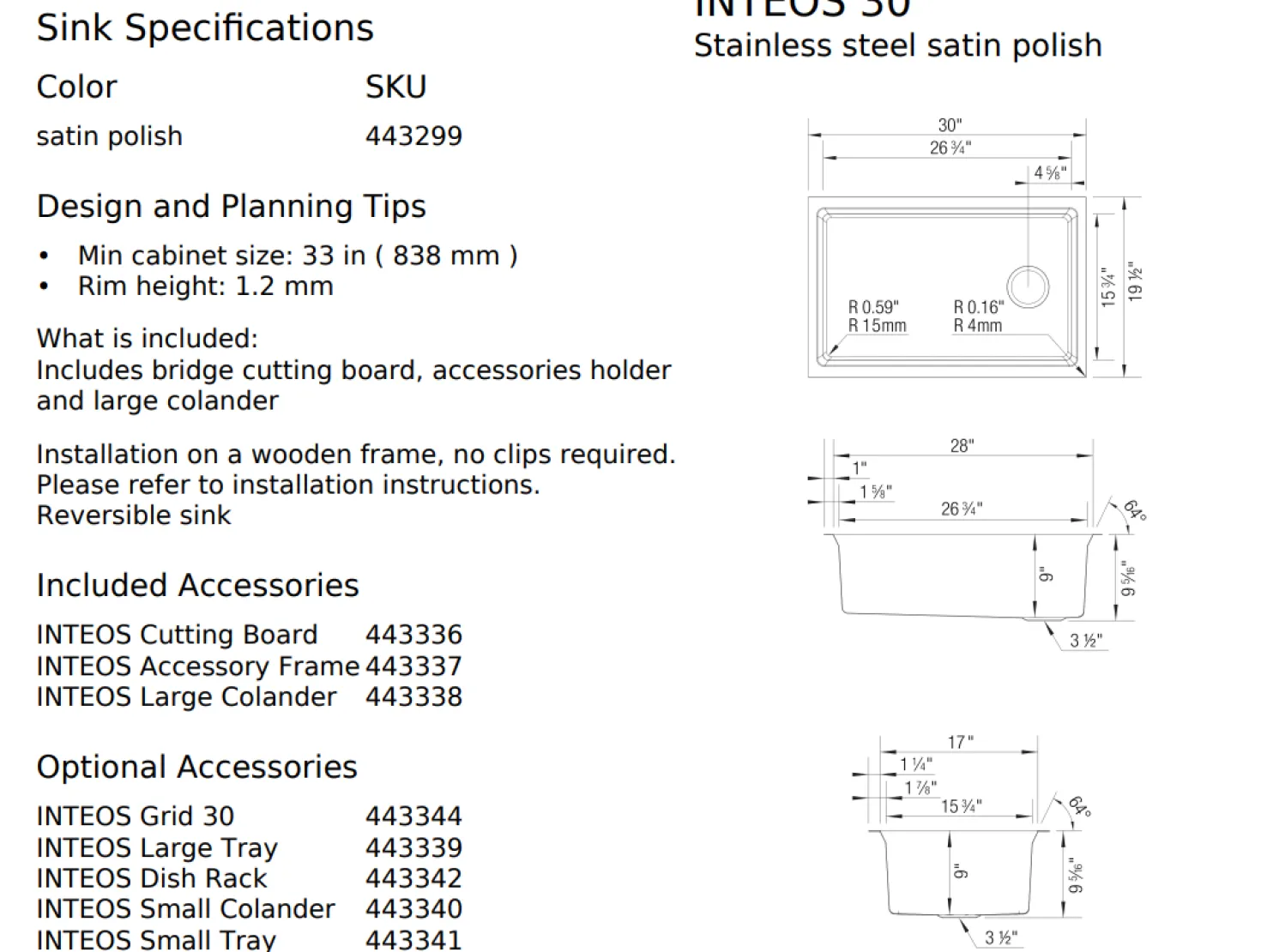 Inteos 30" Single Bowl Reversible Undermount Stainless Steel Workstation Kitchen Sink
