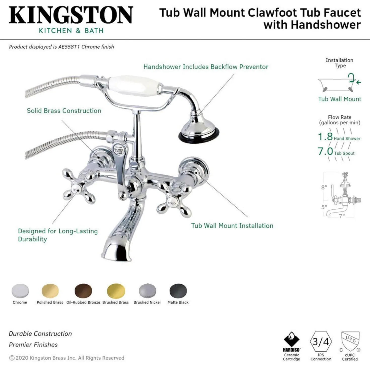 Kingston Brass AE557TX-P Aqua Vintage 7-Inch Wall Mount Tub Faucet with Hand Shower