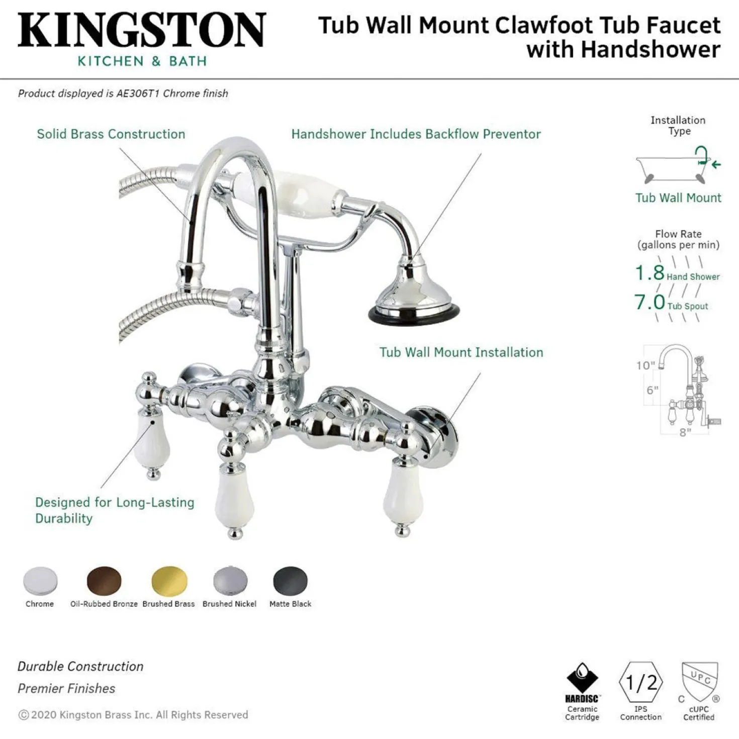 Kingston Brass AE305TX-P Aqua Vintage Wall Mount Clawfoot Tub Faucets