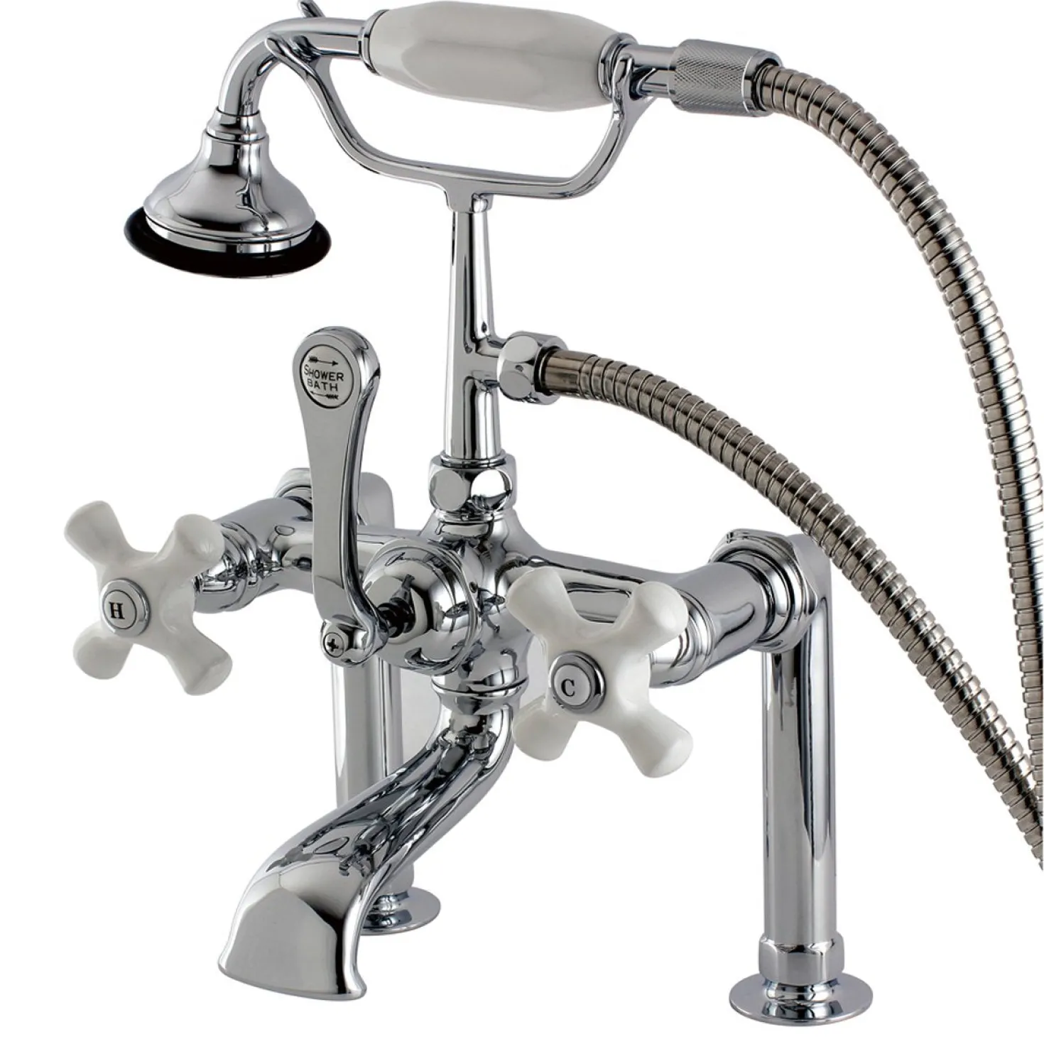 Kingston Brass Aqua Eden Vintage Deck Mount Clawfoot Brass Tub Faucet with Porcelain Lever Handle