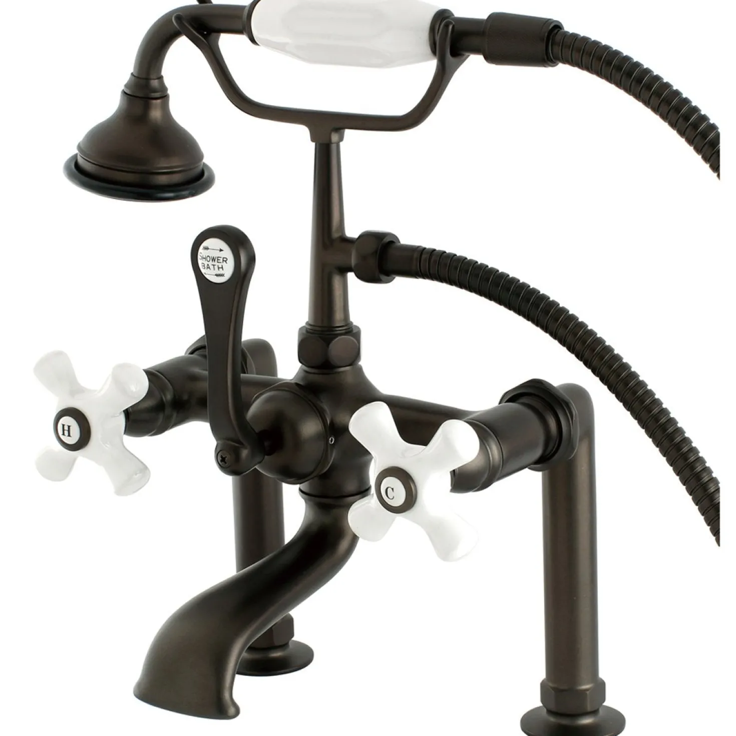 Kingston Brass Aqua Eden Vintage Deck Mount Clawfoot Brass Tub Faucet with Porcelain Lever Handle