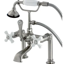 Kingston Brass Aqua Eden Vintage Deck Mount Clawfoot Brass Tub Faucet with Porcelain Lever Handle