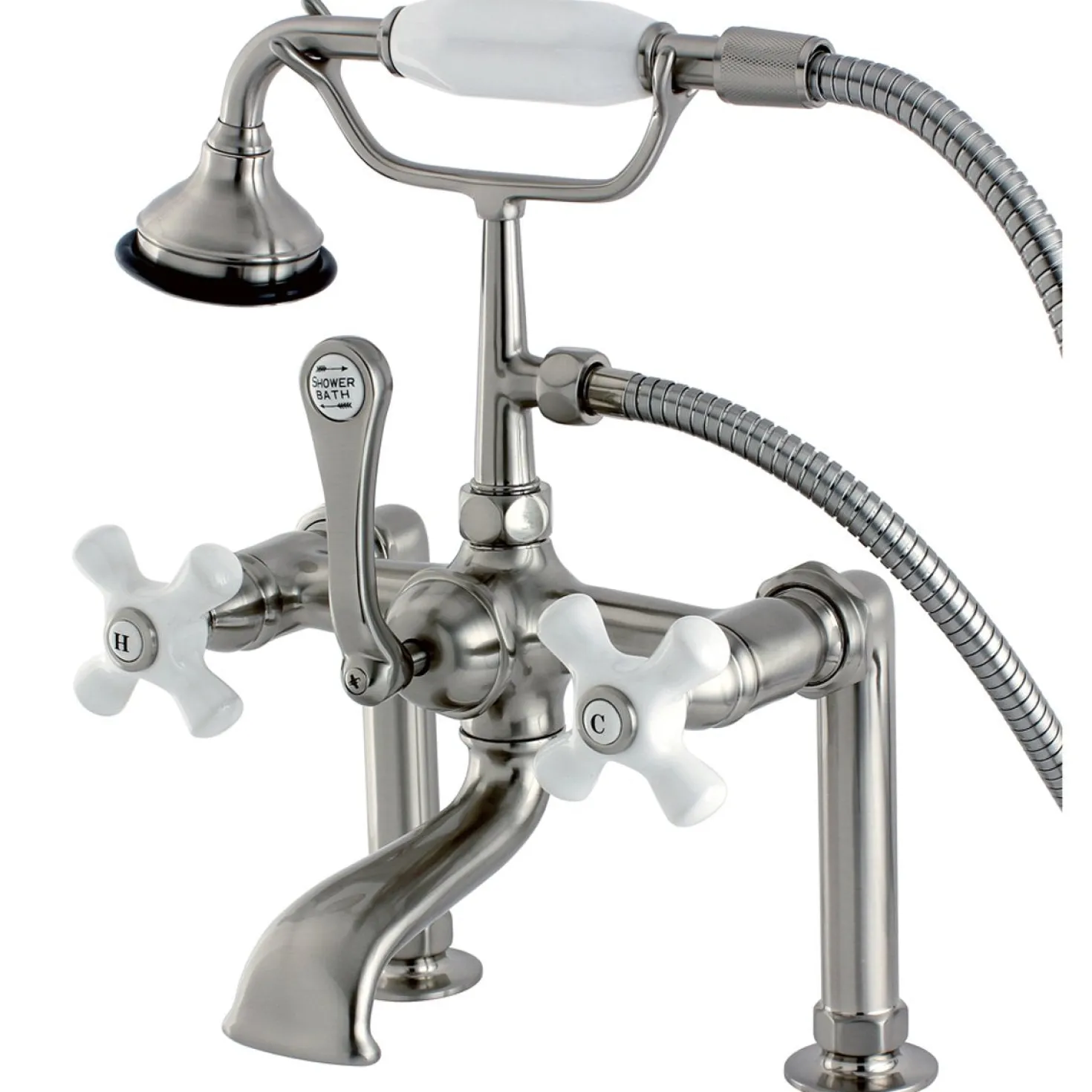 Kingston Brass Aqua Eden Vintage Deck Mount Clawfoot Brass Tub Faucet with Porcelain Lever Handle