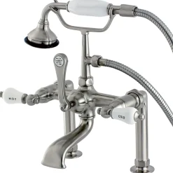 Kingston Brass Aqua Eden Vintage Deck Mount Clawfoot Tub Faucet with Porcelain Lever Handle