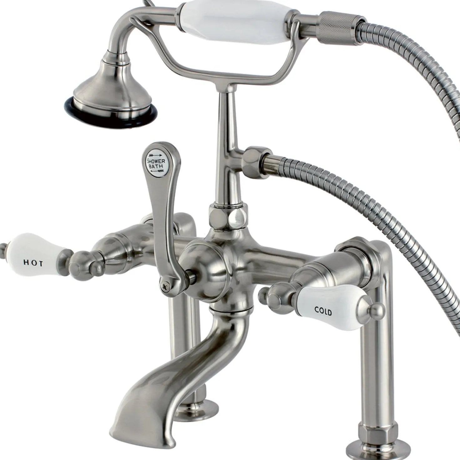 Kingston Brass Aqua Eden Vintage Deck Mount Clawfoot Tub Faucet with Porcelain Lever Handle