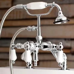 Kingston Brass Aqua Vintage 3-3/8" Adjustable Deck Mount Tub Faucet with Hand Shower in Polished Chrome