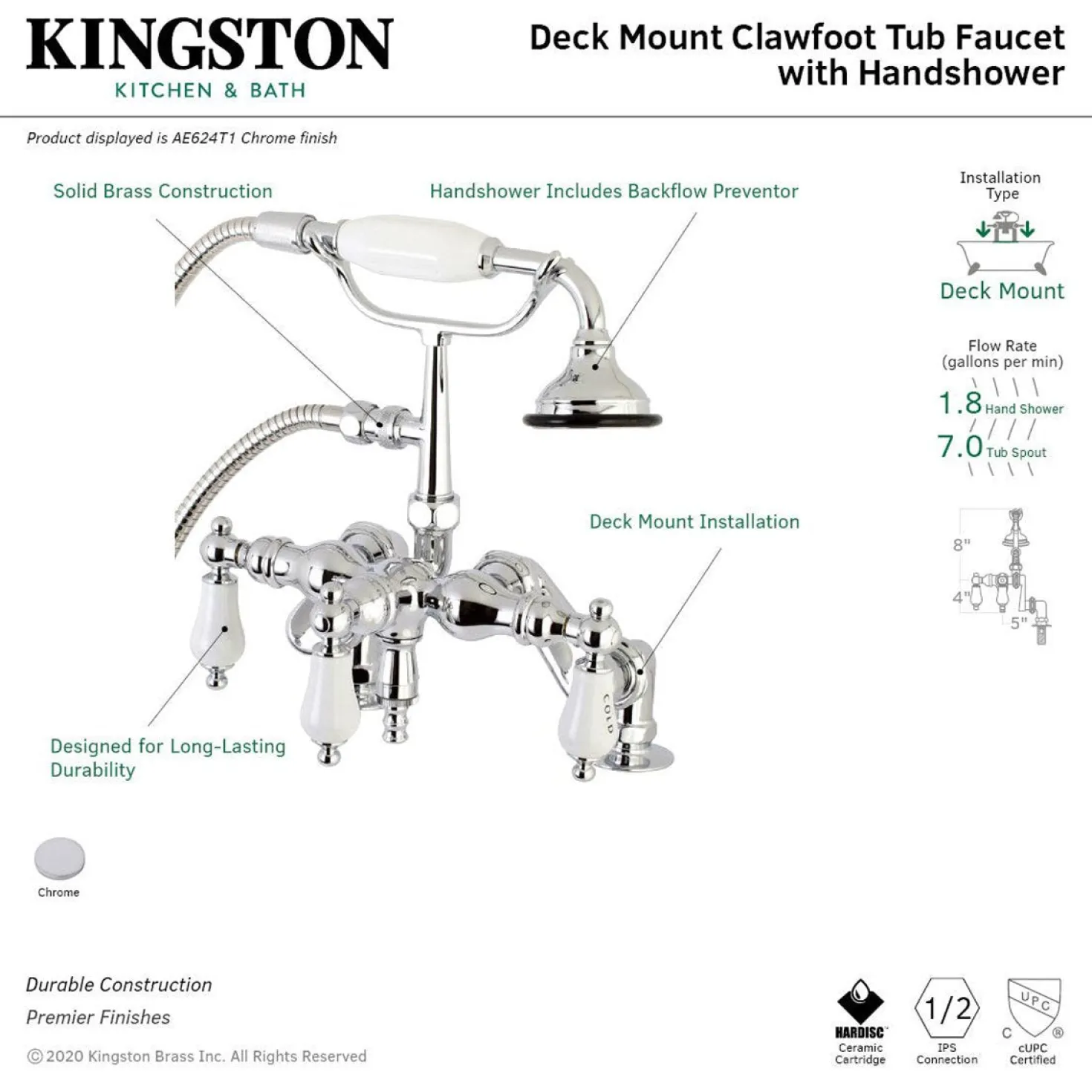 Kingston Brass Aqua Vintage 3-3/8" Adjustable Deck Mount Tub Faucet with Hand Shower in Polished Chrome