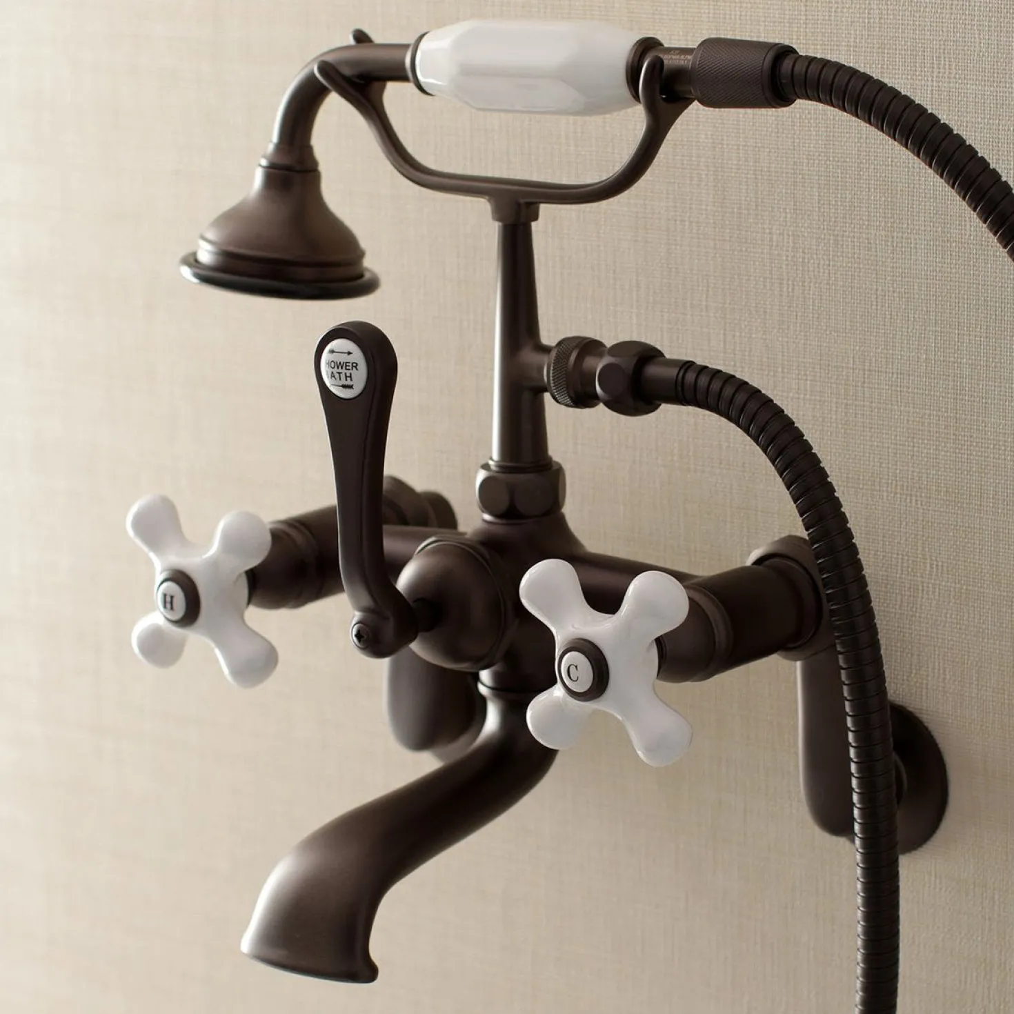Kingston Brass Aqua Vintage 2-Hole Wall Mount Clawfoot Tub Faucet with Hand Shower
