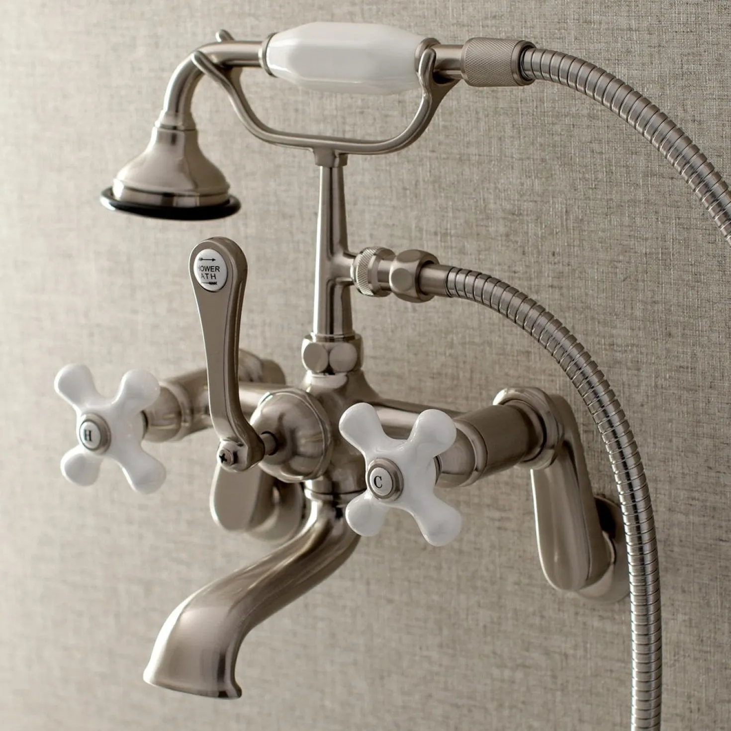 Kingston Brass Aqua Vintage 2-Hole Wall Mount Clawfoot Tub Faucet with Hand Shower