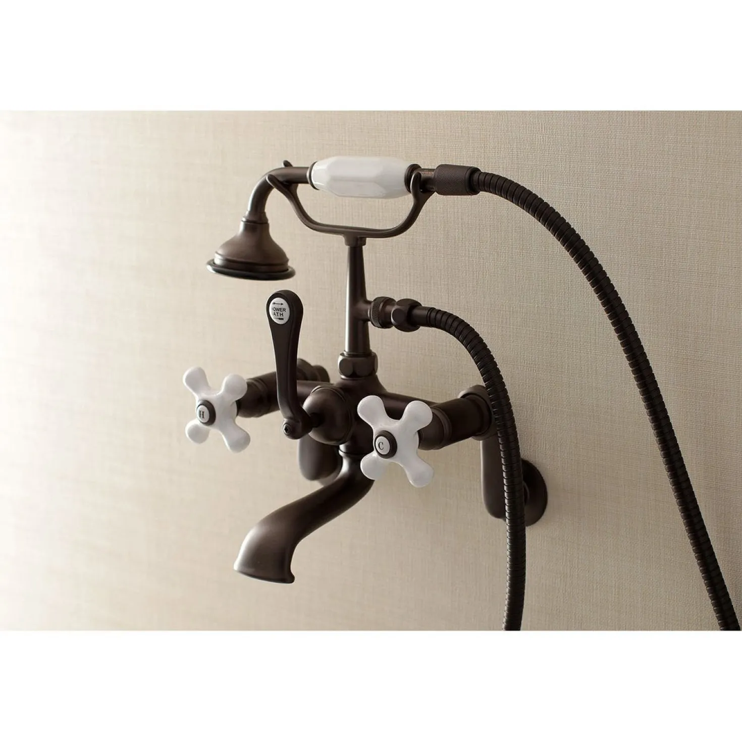 Kingston Brass Aqua Vintage 2-Hole Wall Mount Clawfoot Tub Faucet with Hand Shower