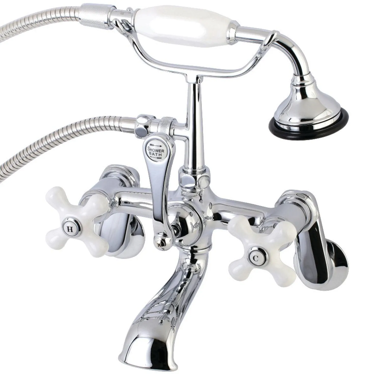 Kingston Brass Aqua Vintage 2-Hole Wall Mount Clawfoot Tub Faucet with Hand Shower