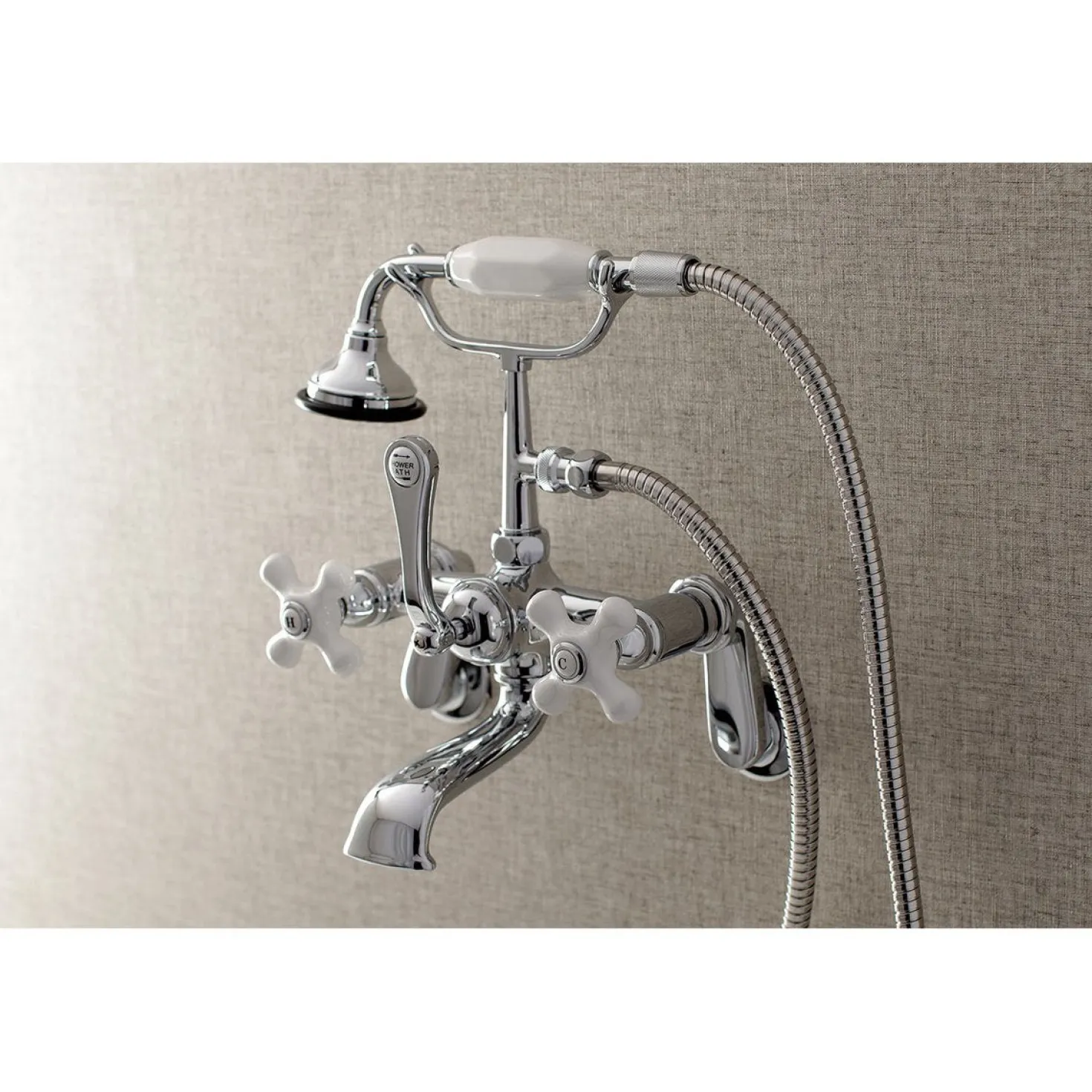 Kingston Brass Aqua Vintage 2-Hole Wall Mount Clawfoot Tub Faucet with Hand Shower