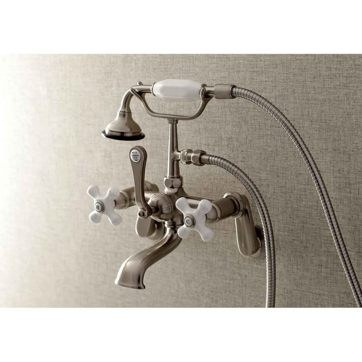 Kingston Brass Aqua Vintage 2-Hole Wall Mount Clawfoot Tub Faucet with Hand Shower