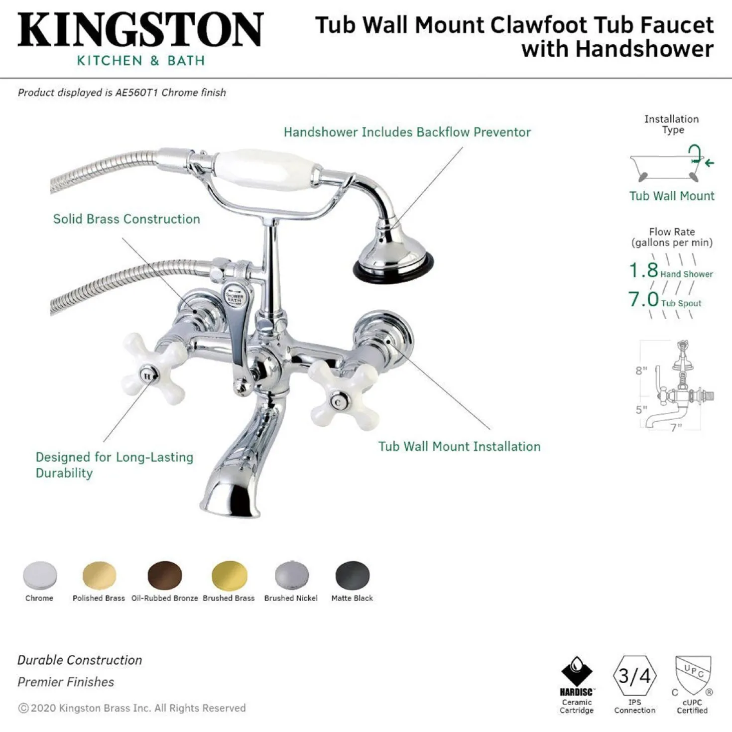 Kingston Brass Aqua Vintage 7-Inch Wall Mount Tub Faucet with Hand Shower