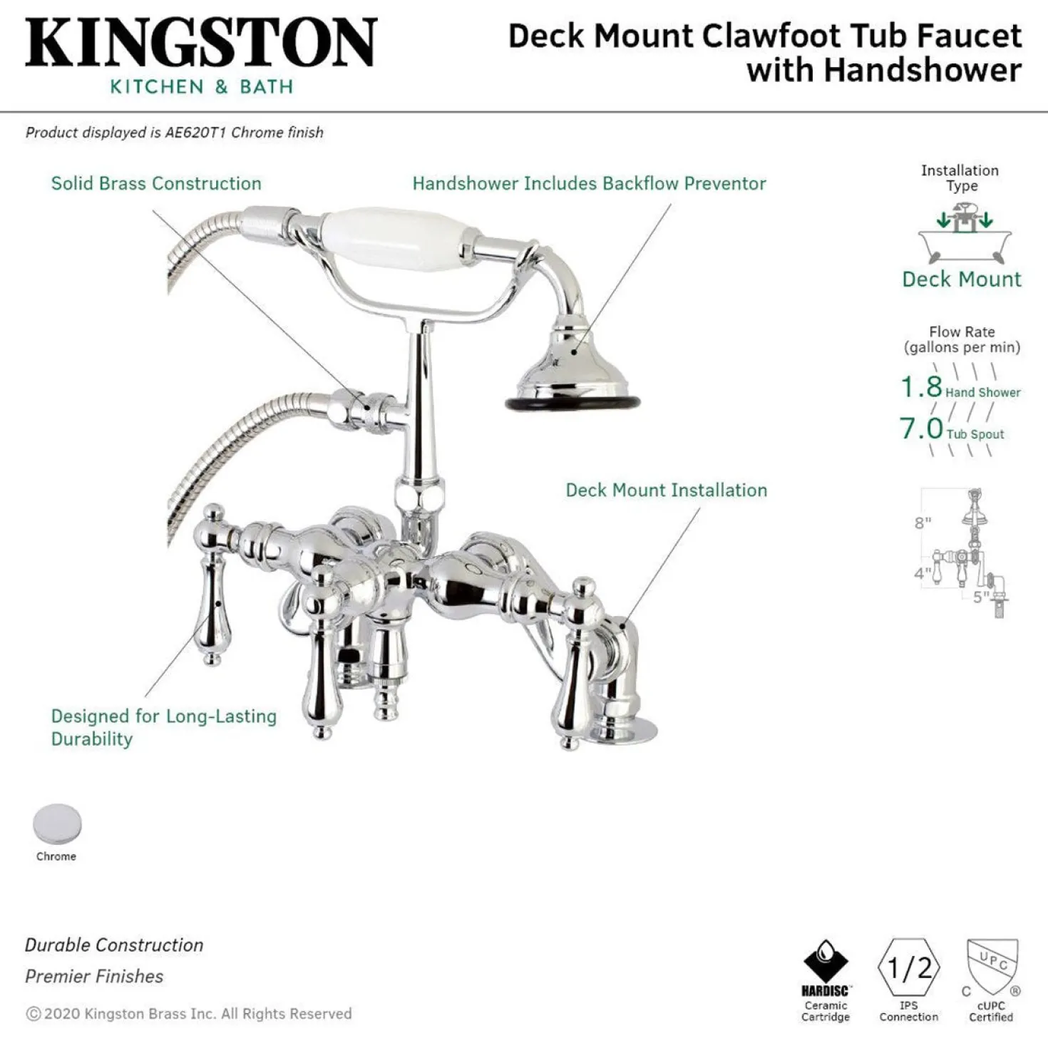 Kingston Brass Aqua Vintage 3-3/8-Inch Adjustable Deck Mount Tub Faucet with Hand Shower in Polished Chrome