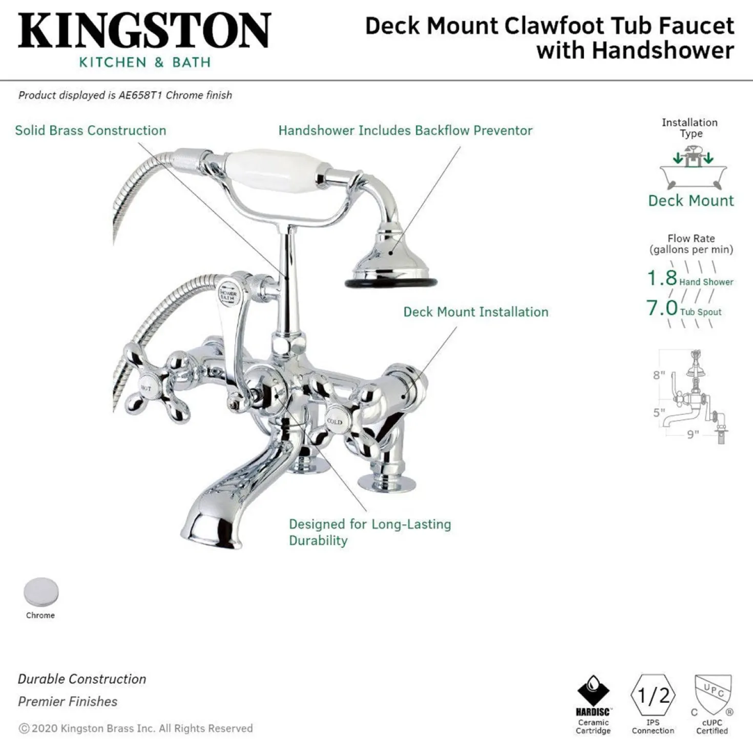 Kingston Brass Aqua Vintage 7-Inch Adjustable Clawfoot Tub Faucet with Hand Shower in Polished Chrome