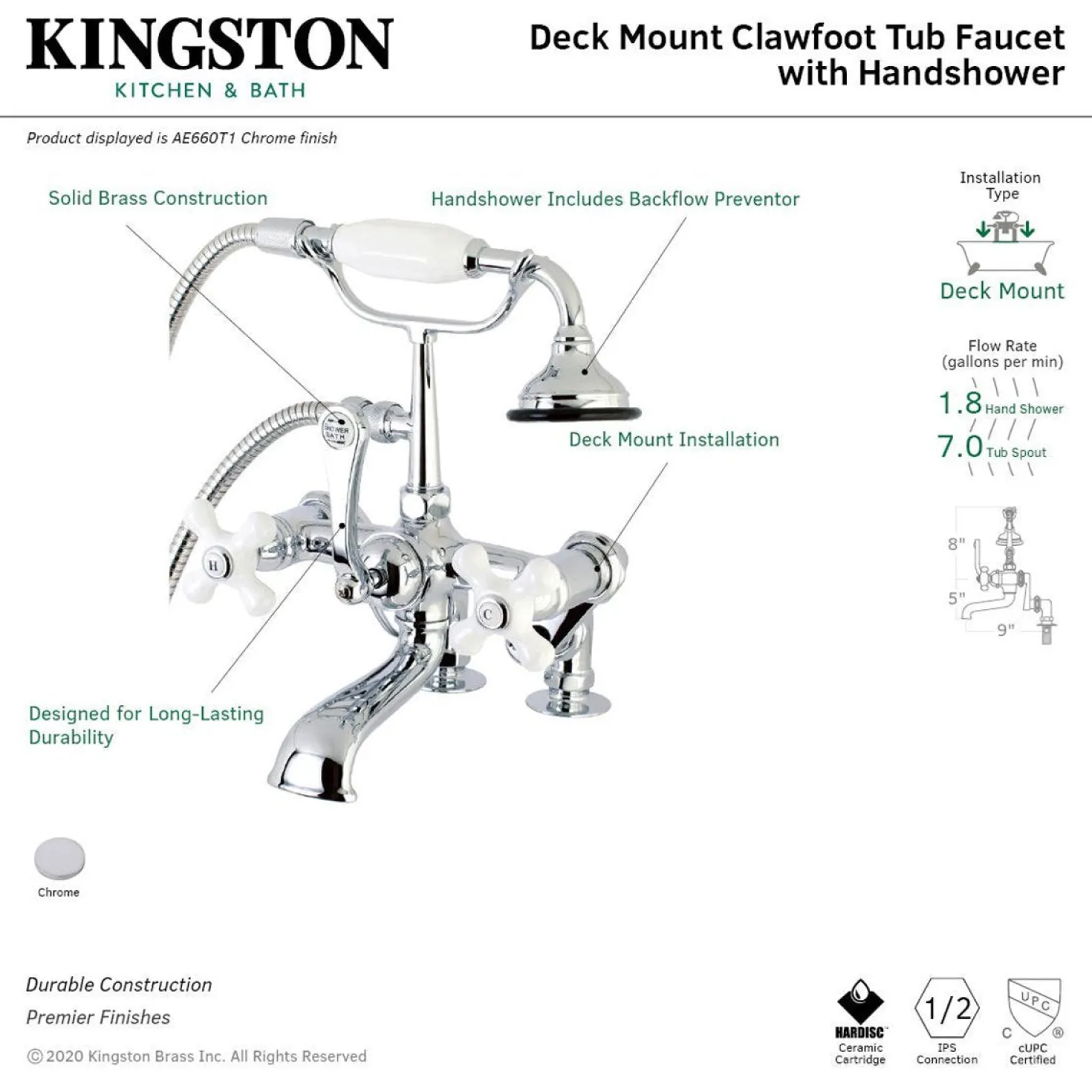 Kingston Brass Aqua Vintage 7-Inch Tub Faucet with Hand Shower in Polished Chrome
