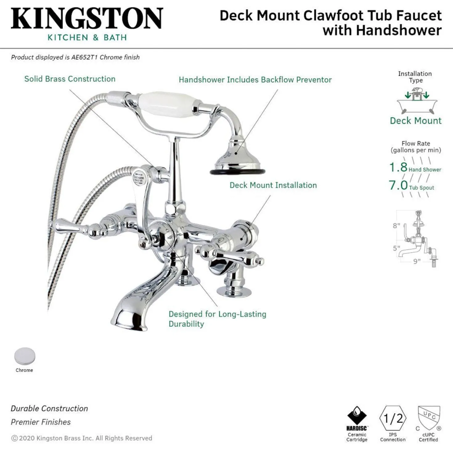 Kingston Brass Aqua Vintage 7-Inch Adjustable Clawfoot Tub Faucet with Hand Shower