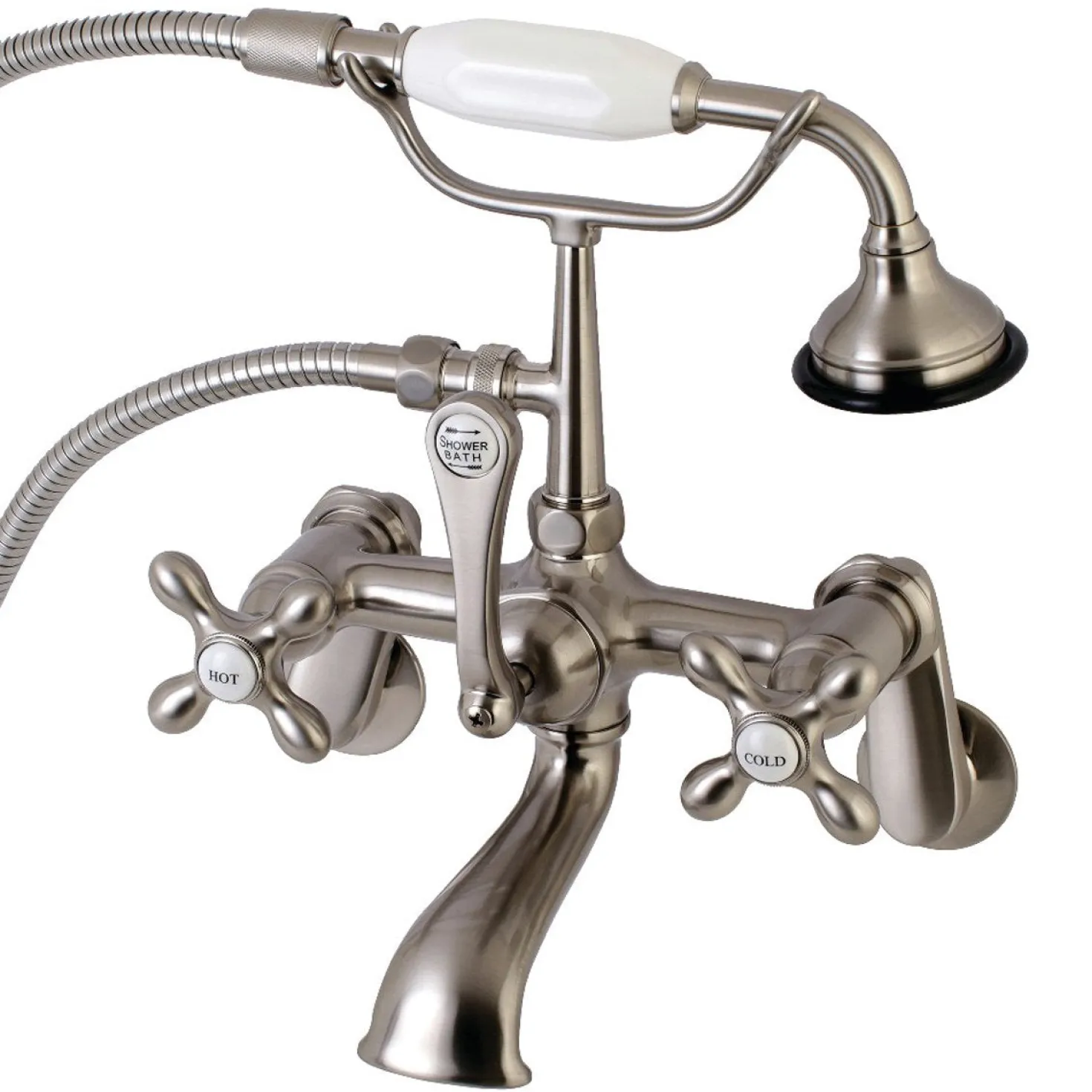 Kingston Brass Aqua Vintage Wall Mount 2-Hole Clawfoot Tub Faucet with Hand Shower